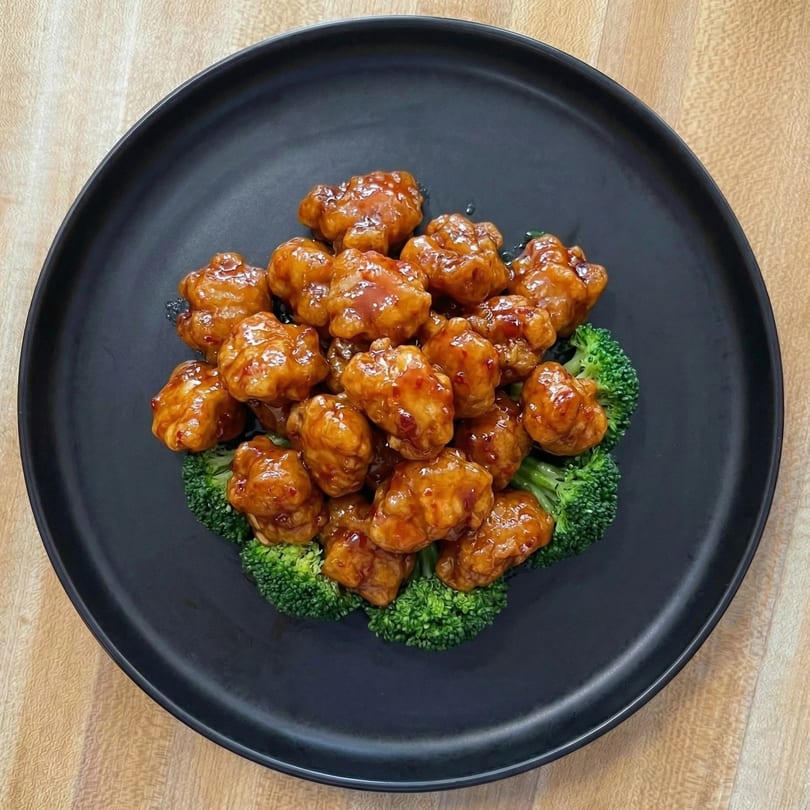 General Tso's chicken with broccoli florets on a black plate, on a wooden table.