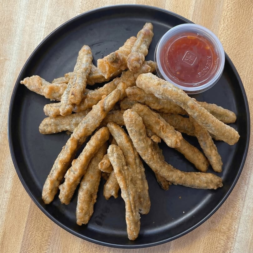 Crispy fried fish sticks on a black plate with a side of red dipping sauce.